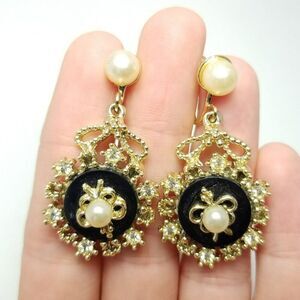 Vintage Black and Gold Tone Faux Pearl Dangle Clip On Earrings, Screw Backs